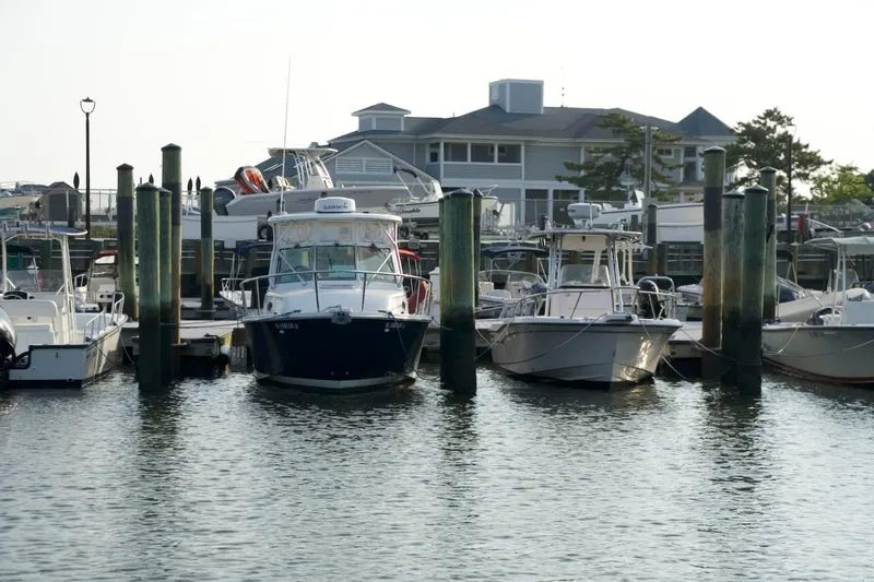 Slide: The Image of 2006 Back Cove 26 boat docked among other vessels in a marina setting. - 8