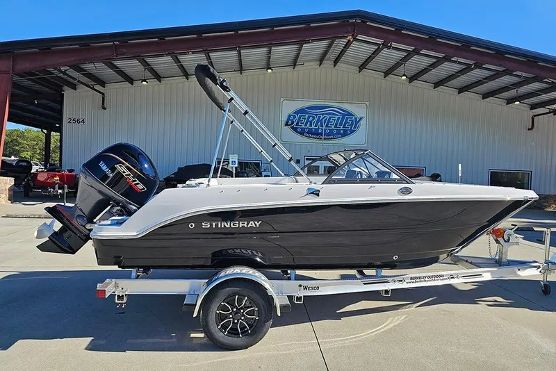 The Image of 2026 Stingray 172 DC boat on trailer at Berkeley Outdoors dealership. - 1