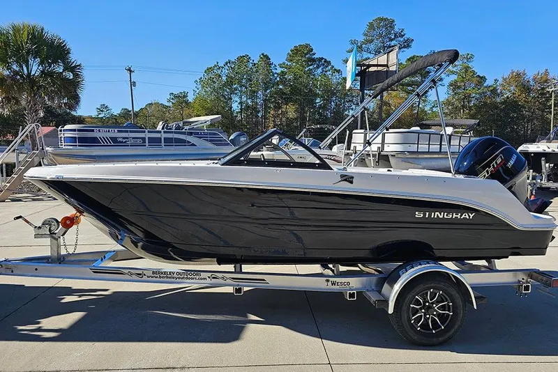 Slide: The Image of 2026 Stingray 172 DC boat on trailer, sleek design, outdoor setting. - 6