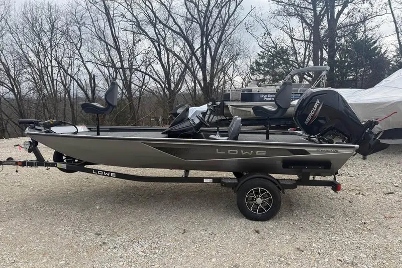 The Image of 2026 Lowe Stinger 175C fishing boat on trailer, parked outdoors. - 0