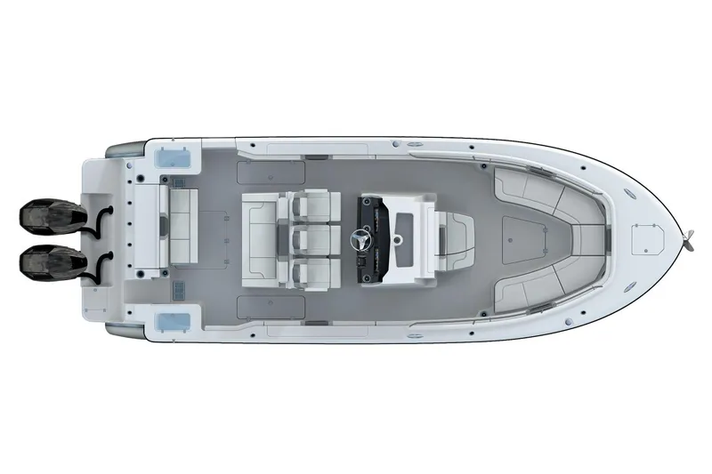 Slide: The Image of Manufacturer Provided Image: 2025 Robalo R300 Center Console boat, top view, dual engines, spacious deck layout. - 2