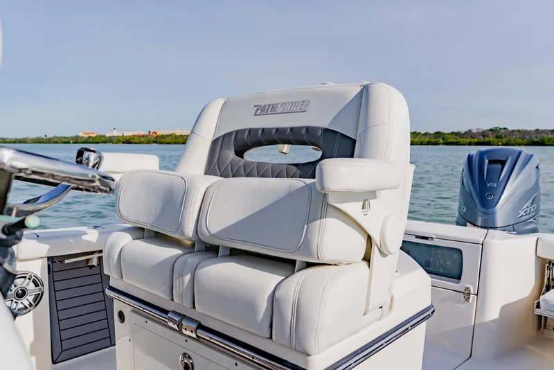 Slide: The Image of 2023 Pathfinder 2700 Open boat interior with luxurious seating and Yamaha XTO engine. - 19