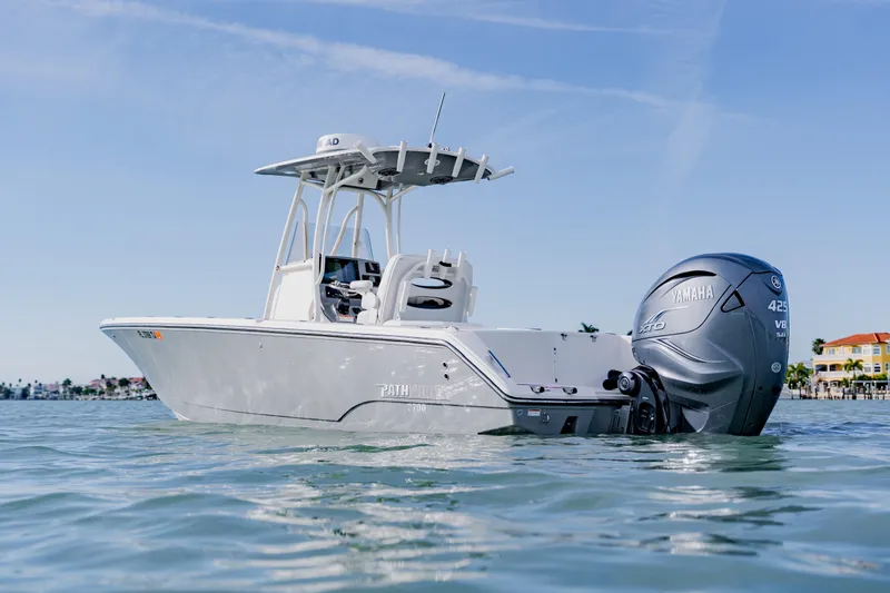 Slide: The Image of 2023 Pathfinder 2700 Open boat with Yamaha engine on calm water. - 4