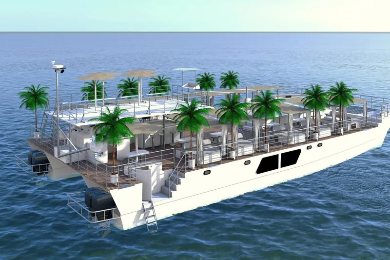 Slide: The Image of Custom PAXCAT 2027 luxury catamaran with palm trees and seating on open water. - 10