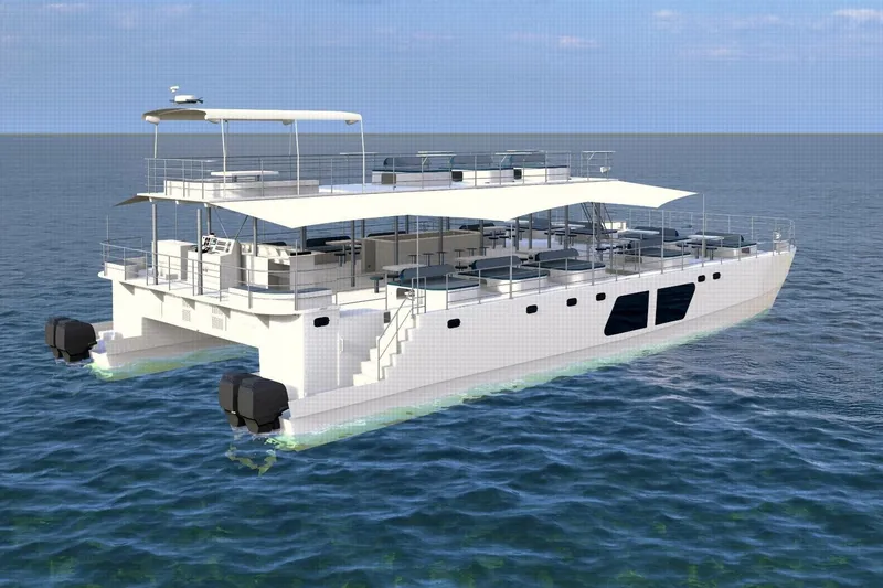 Slide: The Image of Futuristic 2027 Custom PAXCAT catamaran on open sea, featuring modern design and spacious decks. - 5