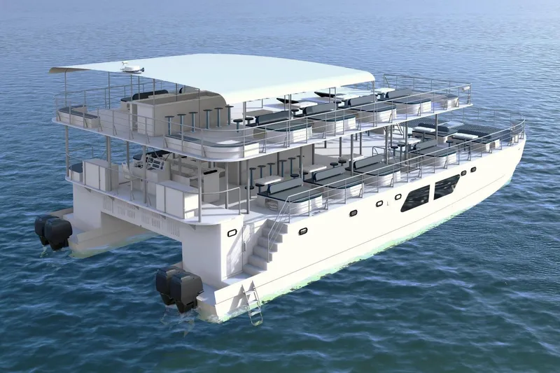 Slide: The Image of Futuristic 2027 Custom PAXCAT yacht with multiple decks on open water. - 6