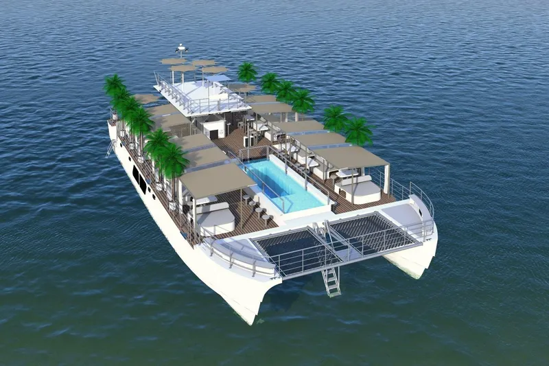 Slide: The Image of Luxurious 2027 Custom PAXCAT catamaran with pool, sun loungers, and palm trees on open water. - 9