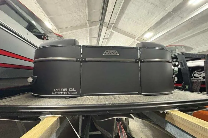 Slide: The Image of 2026 Avalon 2585 CAT QL Saltwater Series pontoon boat in a showroom. - 4