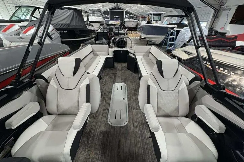 Slide: The Image of Luxurious interior of 2026 Avalon 2585 CAT QL pontoon boat with plush seating. - 5