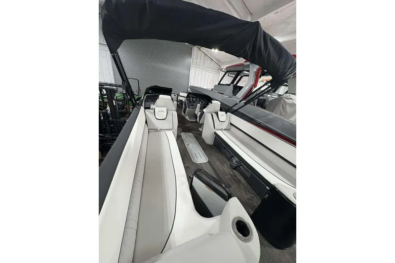Slide: The Image of 2026 Avalon 2585 CAT QL pontoon boat interior with sleek seating and modern design. - 7