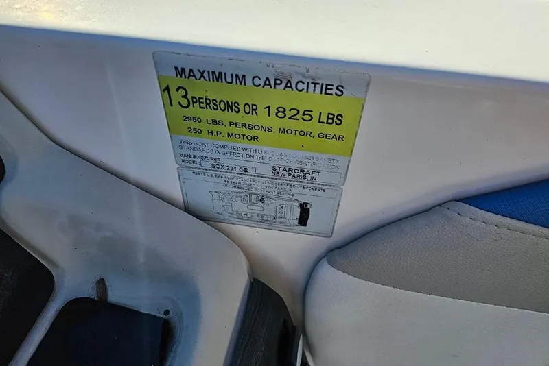 Slide: The Image of 2017 Starcraft Crossover 231 SCX OB capacity label, 13 persons or 1825 lbs. - 13