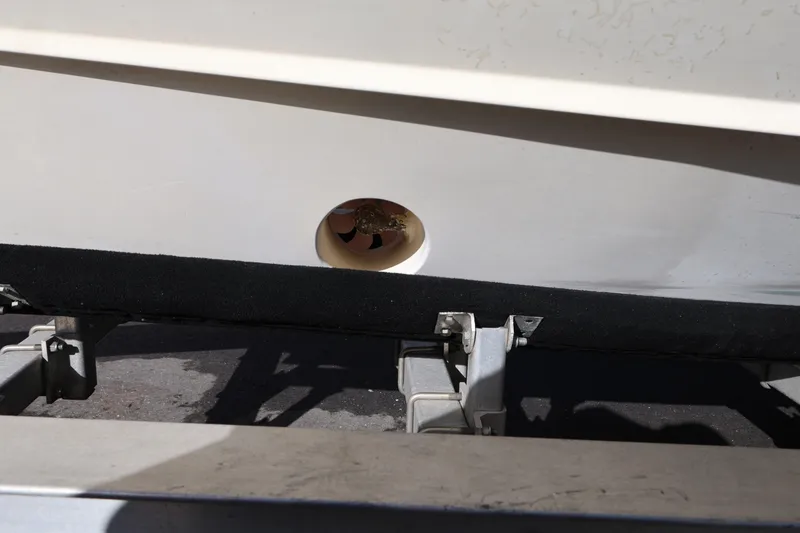 Slide: The Image of Close-up of 2011 Everglades 320EX boat hull on trailer. - 8