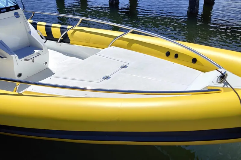 Slide: The Image of Yellow Arctic Blue 29 boat, 2019 model, docked on calm water. - 8