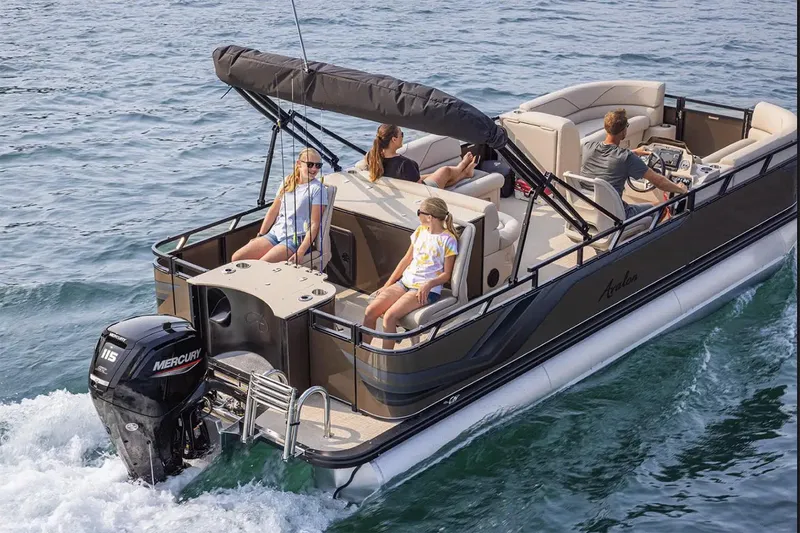 The Image of Manufacturer Provided Image: 2025 Avalon Venture 85 Rear Fish pontoon boat cruising on water with passengers. - 0