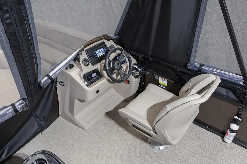 Slide: The Image of Manufacturer Provided Image: 2025 Avalon Venture 85 Rear Fish boat interior with steering console and captain's chair. - 4