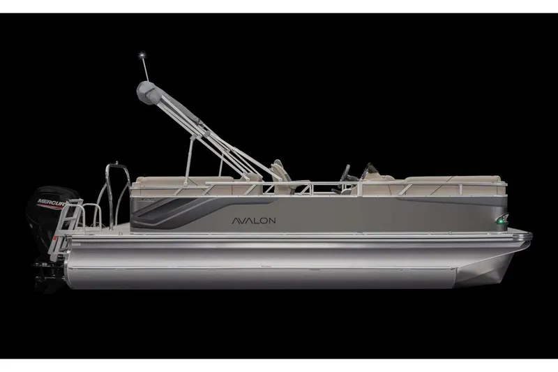 Slide: The Image of Manufacturer Provided Image: 2025 Avalon Venture Quad Lounger pontoon boat, side view, sleek design, black background. - 2