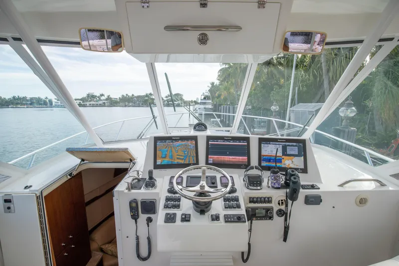 Slide: The Image of Cockpit of 2015 Albemarle 360 Express Fisherman with navigation equipment and scenic water view. - 17