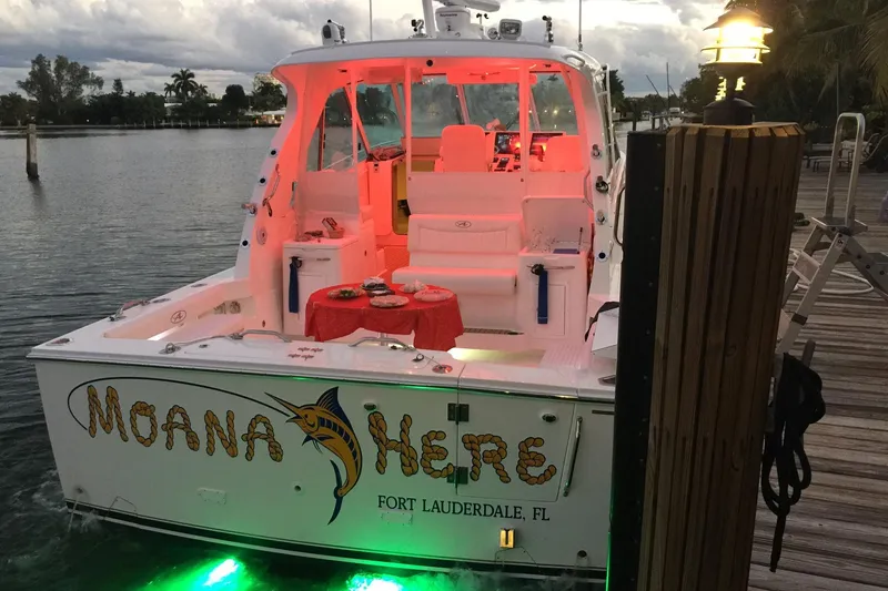 Slide: The Image of 2015 Albemarle 360 Express Fisherman boat docked, illuminated with red and green lights, Fort Lauderdale. - 36
