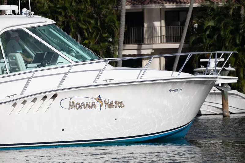Slide: The Image of 2015 Albemarle 360 Express Fisherman boat on water, side view with custom name. - 8