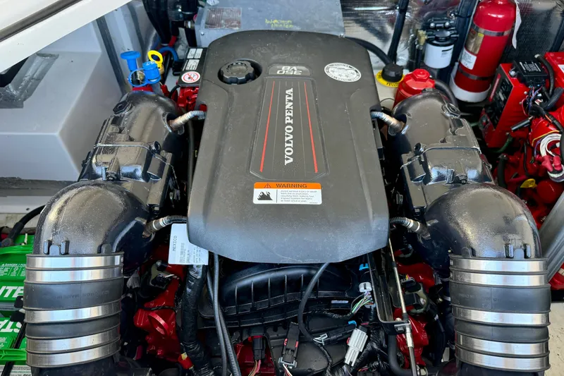 Slide: The Image of Engine compartment of 2018 Regal 28 Express with Volvo Penta engine. - 48