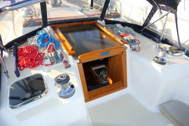 Slide: The Image of Sailboat cockpit with ropes and winches, Tartan 3700, 2002 model. - 62