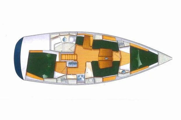 Slide: The Image of Floor plan of a 2002 Tartan 3700 sailboat, featuring interior layout and amenities. - 90