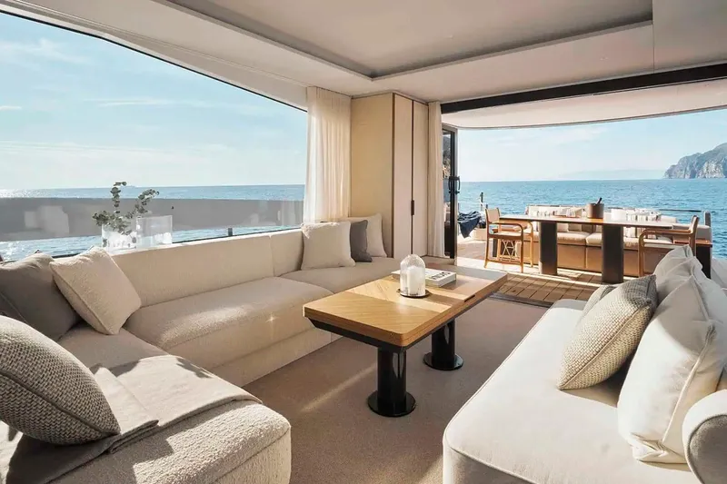 Slide: The Image of Manufacturer Provided Image: Luxurious interior of 2025 Azimut Seadeck 7 yacht with ocean view and elegant seating. - 6