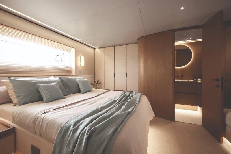 Slide: The Image of Luxurious bedroom interior of 2026 Azimut Seadeck 7 yacht with modern design. - 8