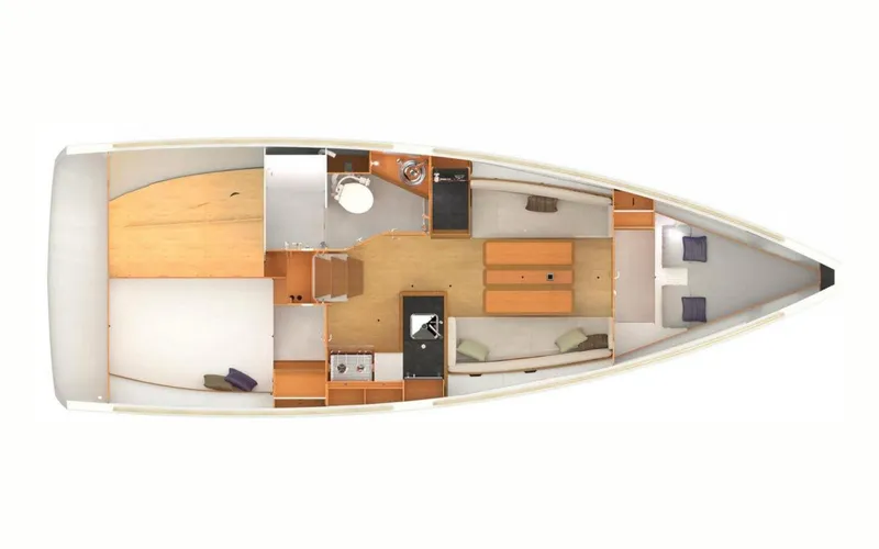 Slide: The Image of Interior layout of 2022 Jeanneau Sun Odyssey 349 sailboat, featuring cabins and living area. - 7