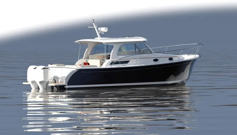 Slide: The Image of 2027 Back Cove 34O Hardtop Express boat on calm water. - 1