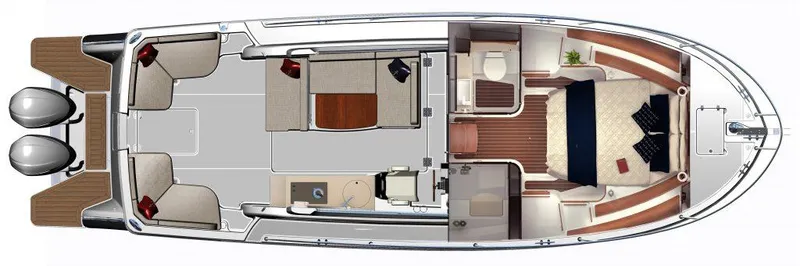 Slide: The Image of 2027 Back Cove 34O Hardtop Express yacht layout with spacious interior and twin engines. - 18