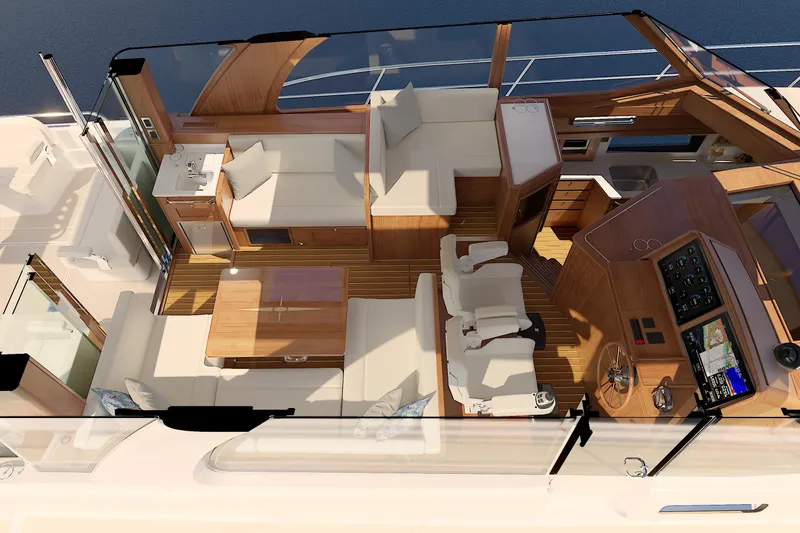 Slide: The Image of Luxurious interior of 2026 Sabre 51 Salon Express yacht with elegant seating and navigation area. - 10
