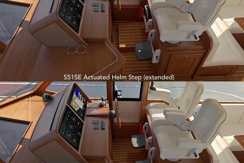 Slide: The Image of 2026 Sabre 51 Salon Express helm with actuated step, featuring modern controls and seating. - 11