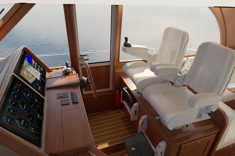 Slide: The Image of Interior of 2026 Sabre 51 Salon Express yacht with modern helm and seating. - 13