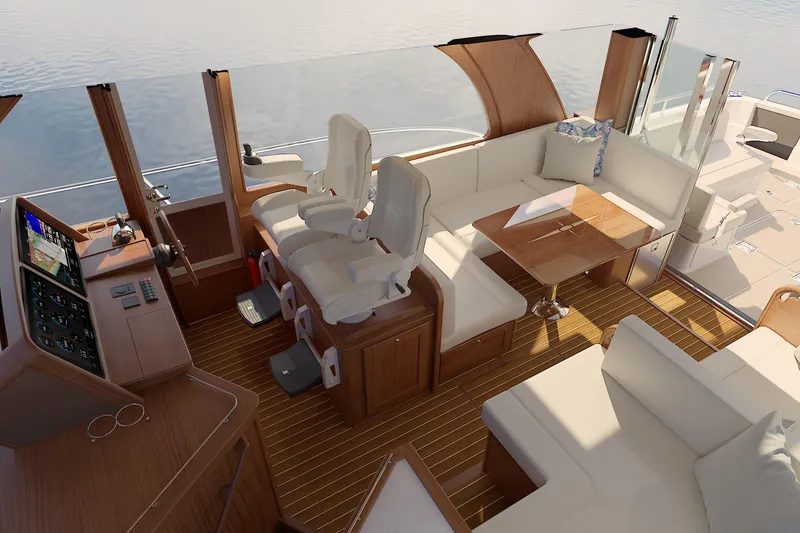Slide: The Image of Luxurious interior of 2026 Sabre 51 Salon Express yacht with elegant seating and navigation controls. - 14