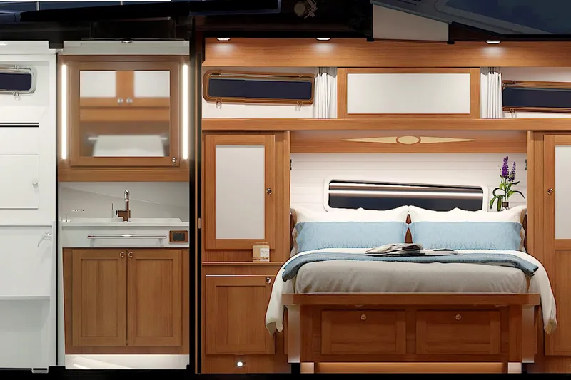 Slide: The Image of Luxurious interior of 2026 Sabre 51 Salon Express yacht with elegant wood finishes and cozy bedding. - 18