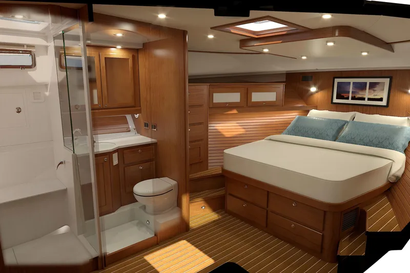 Slide: The Image of Luxurious interior of 2026 Sabre 51 Salon Express yacht with elegant wood finishes and modern amenities. - 19