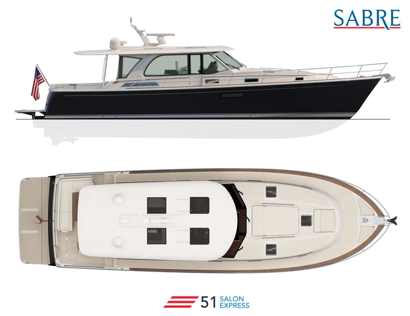 Slide: The Image of 2025 Sabre 51 Salon Express luxury yacht, side and top view. - 2