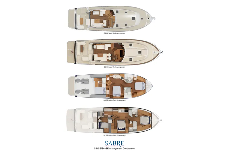 Slide: The Image of 2026 Sabre 51 Salon Express deck and below deck layout comparison. - 3