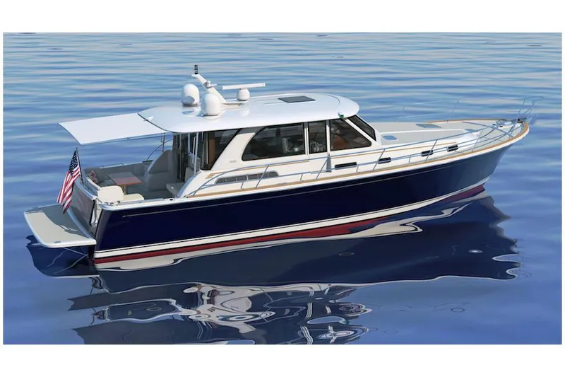 Slide: The Image of 2026 Sabre Salon Express yacht on calm water. - 38