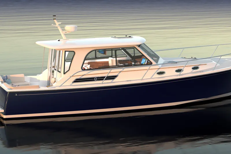 Slide: The Image of 2027 Back Cove 372 boat on calm water, showcasing sleek design and modern features. - 27