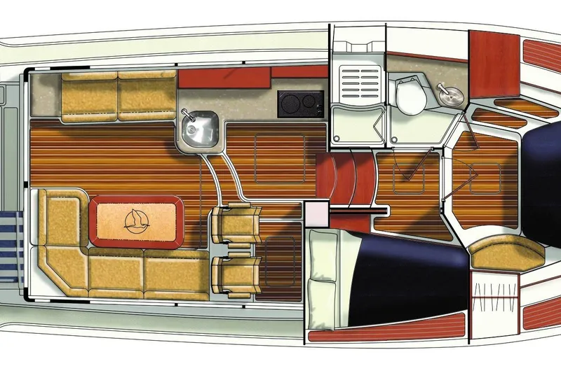 Slide: The Image of Interior layout of 2027 Back Cove 372 yacht, featuring seating, kitchen, and sleeping areas. - 28