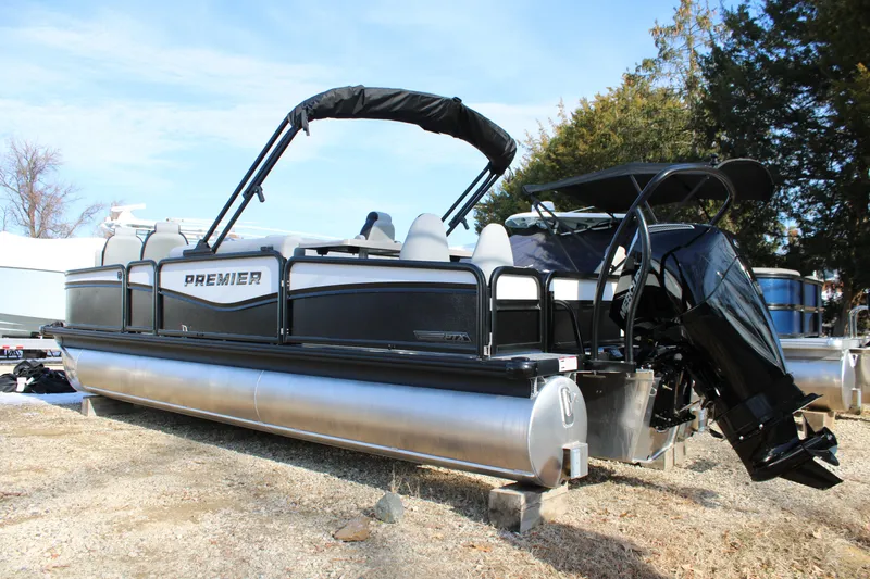 The Image of 2026 Premier 230 Sunsation RS pontoon boat with sleek design and powerful outboard motor. - 0