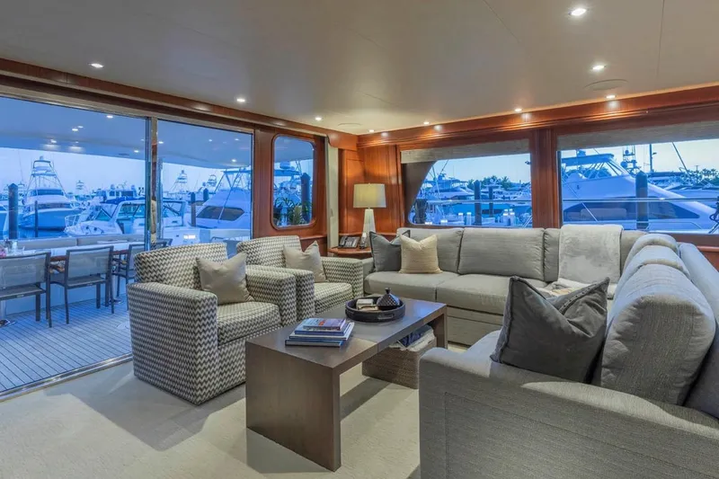 Slide: The Image of Luxurious interior of 2014 Pacific Mariner 85 Motor Yacht with marina view. - 24