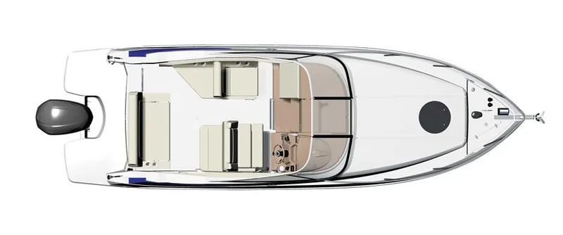 Slide: The Image of Top view of 2025 Regal 26XO boat layout with seating and outboard motor. - 32