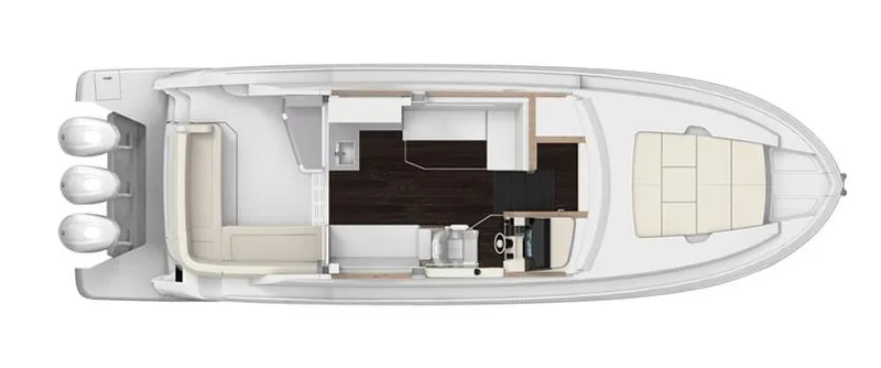 Slide: The Image of Top view of 2024 Regal 38XO yacht layout with triple outboard engines. - 26