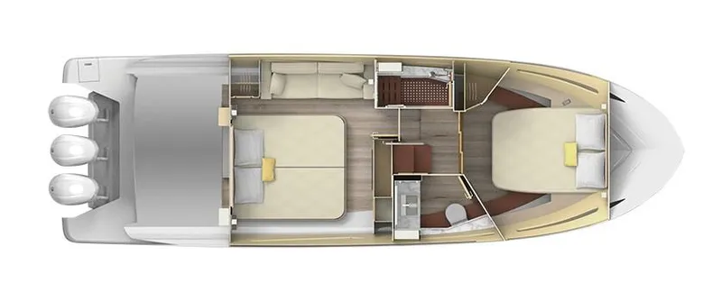 Slide: The Image of Top view of 2024 Regal 38XO yacht interior layout with two bedrooms and a bathroom. - 27