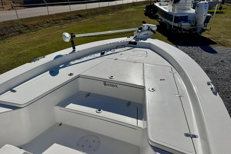 Slide: The Image of 2023 BlackJack 256 Bay boat deck with storage compartments and trolling motor. - 6