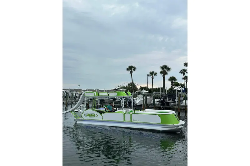 The Image of 2026 Aloha Pontoon 300 in water, featuring green and white design, docked near palm trees. - 0