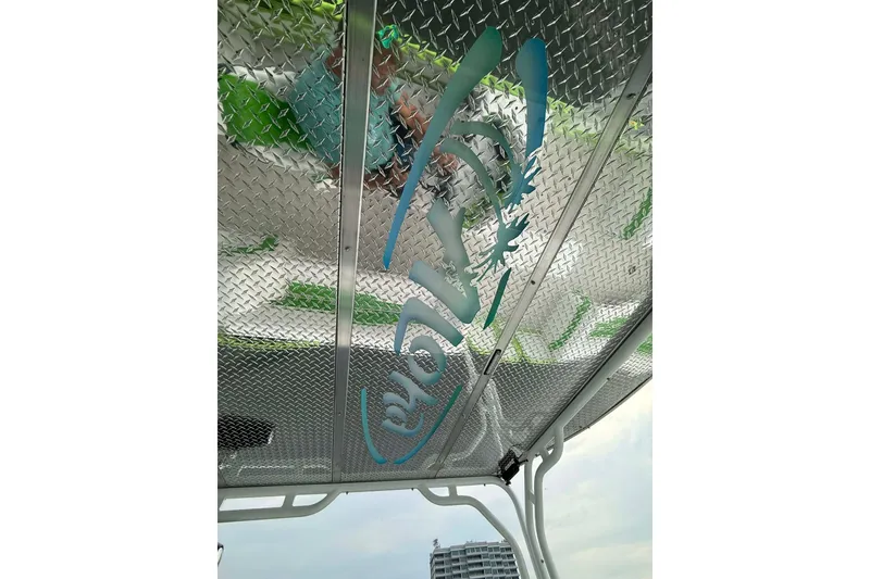 Slide: The Image of 2026 Aloha Pontoon 300 with metallic patterned roof and logo design. - 2